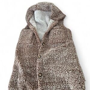 Brown & cream leopard print vest hoodie with hood and button-up front